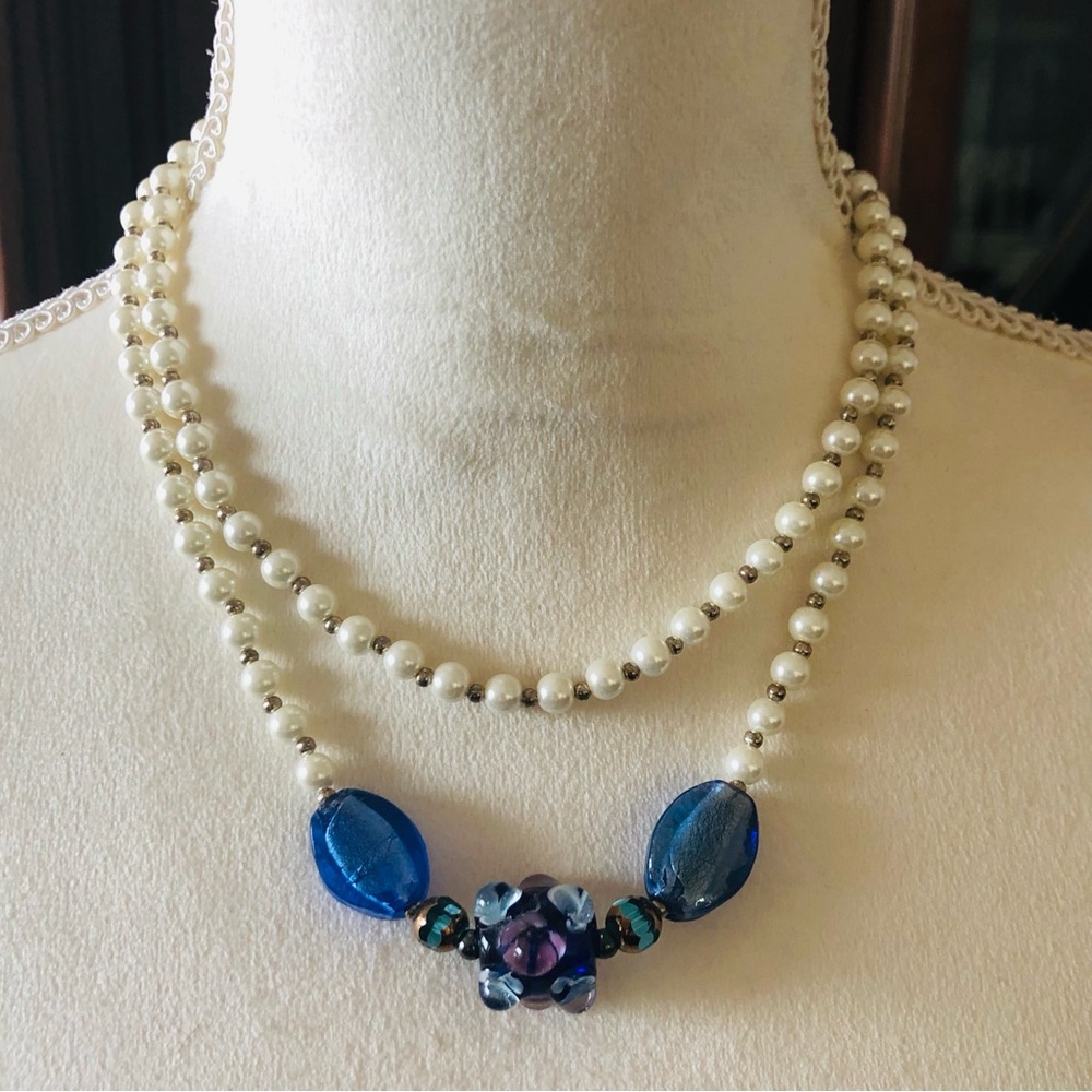Handcrafted double strand white Czech Pearl glass beaded necklace